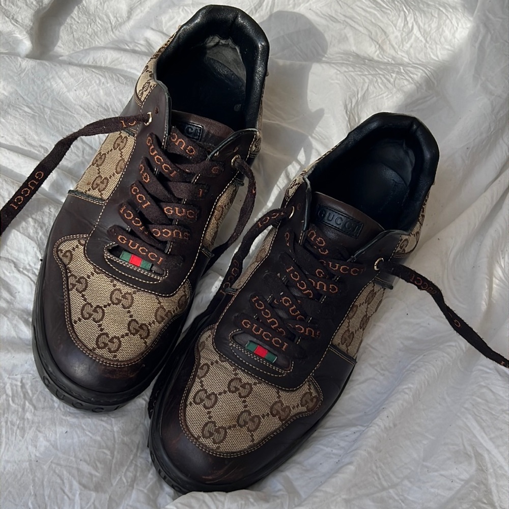 Authentic Gucci Leather/Canvas Sneakers with Red Sole Men’s Size 9.5